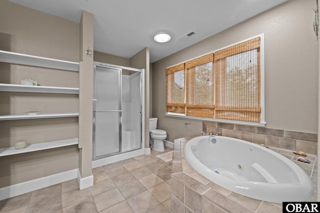 full bathroom with visible vents, baseboards, toilet, a whirlpool tub, and a stall shower