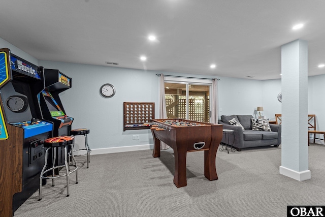 recreation room with visible vents, recessed lighting, baseboards, and carpet floors