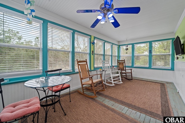 sunroom featuring plenty of natural light and a ceiling fan