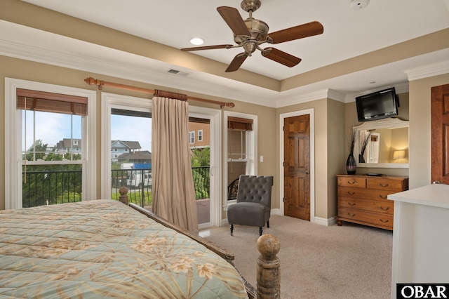 carpeted bedroom featuring access to outside, crown molding, ceiling fan, and baseboards