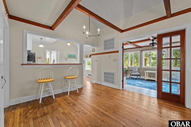 56 Ginguite Trl Lot 9, Southern Shores, NC 27949 - kitchen with wood-type flooring, a ceiling fan, baseboards, and pendant lighting