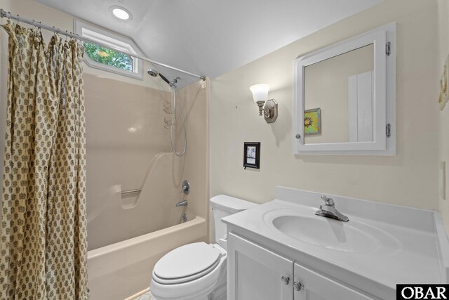 56 Ginguite Trl Lot 9, Southern Shores, NC 27949 - full bath with vanity, shower / bathtub combination with curtain, toilet, and lofted ceiling