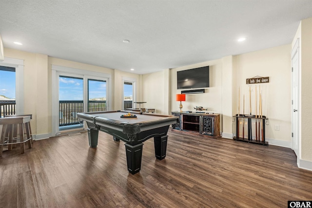 playroom featuring billiards, dark wood finished floors, and baseboards