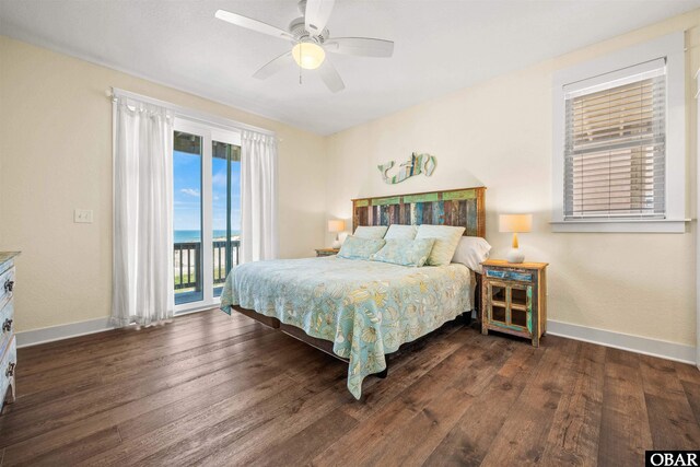 bedroom with access to outside, dark wood-type flooring, a ceiling fan, and baseboards