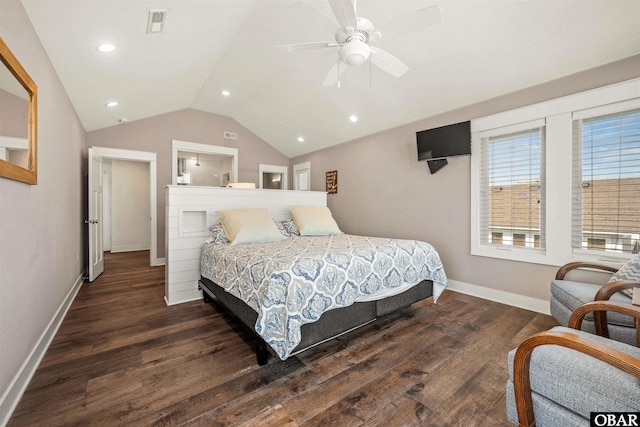 bedroom with dark wood finished floors, vaulted ceiling, baseboards, and recessed lighting