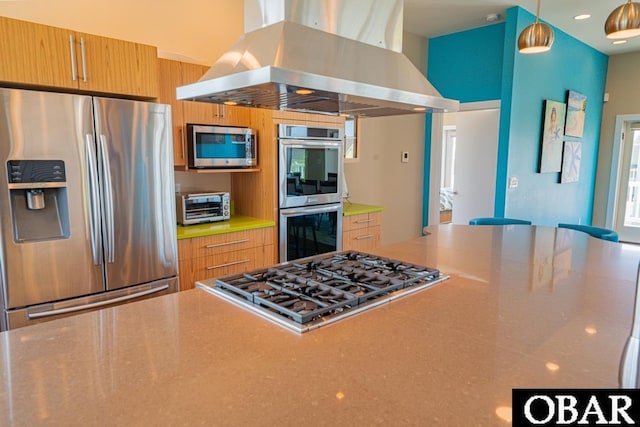 57233 Summerplace Dr Lot 26, Hatteras, NC 27943 - kitchen with stainless steel appliances, island exhaust hood, decorative light fixtures, and light countertops