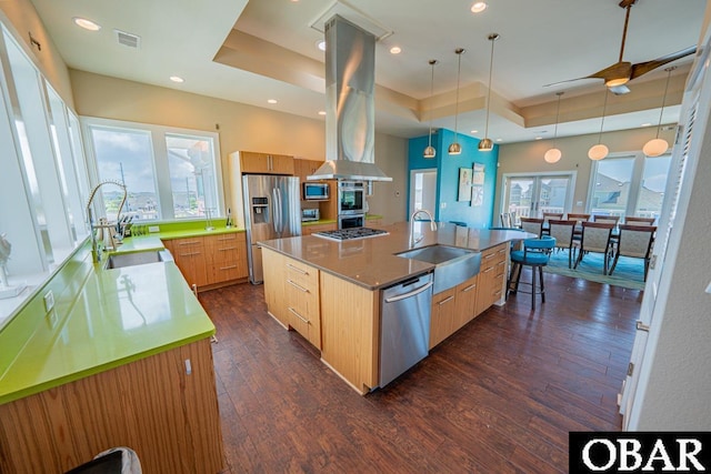 57233 Summerplace Dr Lot 26, Hatteras, NC 27943 - kitchen with appliances with stainless steel finishes, a raised ceiling, dark wood-style flooring, a large island, and hanging light fixtures