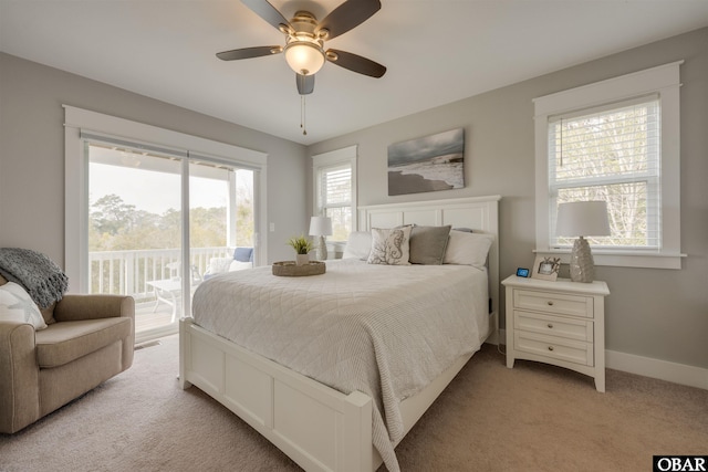 bedroom featuring light carpet, a ceiling fan, baseboards, and access to exterior