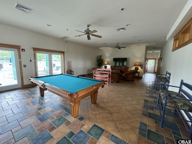 game room with recessed lighting, pool table, visible vents, and baseboards