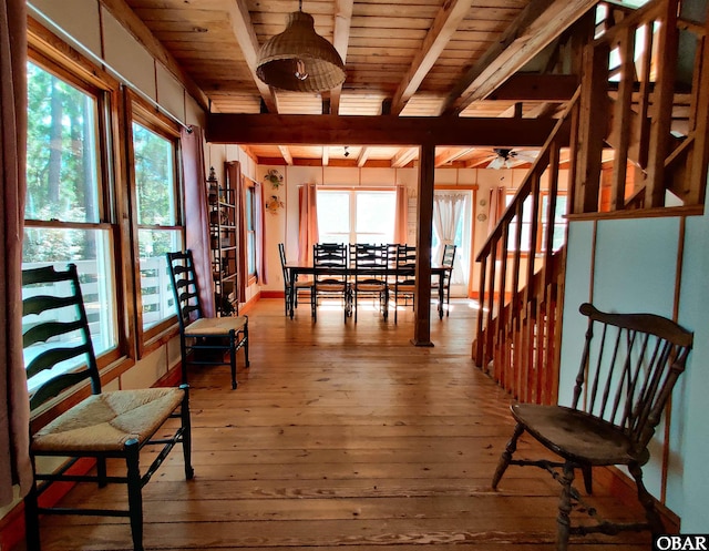 1218 Coral Ln Lot 4, Corolla, NC 27927 - sitting room featuring wood-type flooring, a wood ceiling with exposed beams, and a ceiling fan