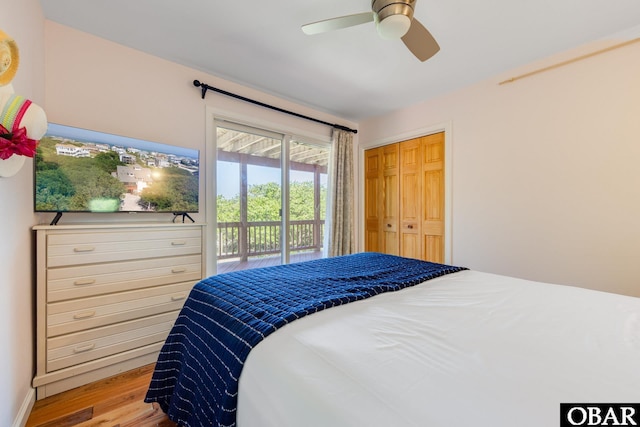 bedroom with ceiling fan, access to outside, a closet, and light wood-style flooring