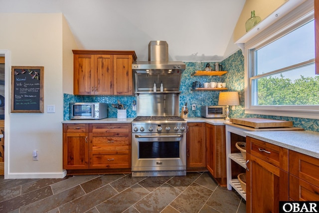 kitchen featuring open shelves, stainless steel appliances, light countertops, backsplash, and extractor fan