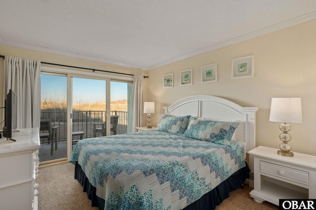 6317 S Virginia Dare Trl Unit 102, Nags Head, NC 27959 - bedroom featuring access to outside, light colored carpet, and ornamental molding