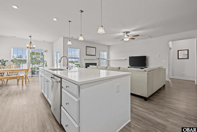 kitchen with white cabinets, a sink, stainless steel dishwasher, and wood finished floors