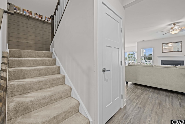 staircase with ceiling fan, a fireplace, wood finished floors, and baseboards