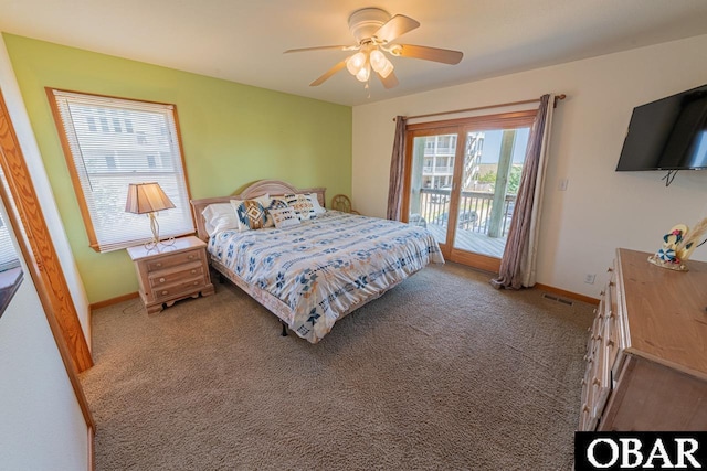 bedroom with a ceiling fan, baseboards, access to outside, and light carpet
