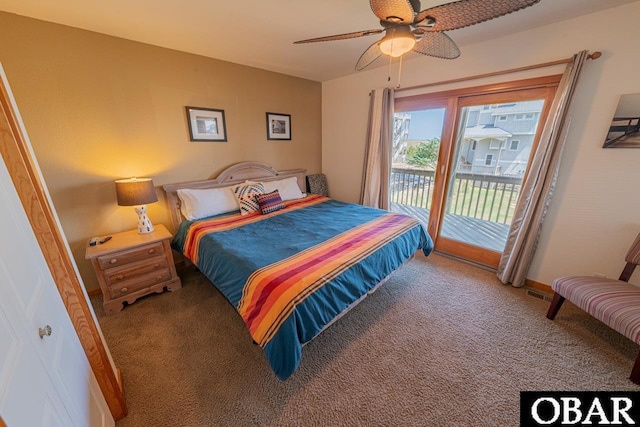 carpeted bedroom featuring a ceiling fan and access to outside