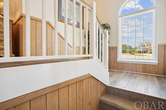 stairway featuring wood finished floors and wainscoting