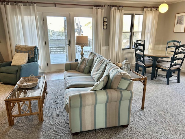 living room featuring ornamental molding and carpet