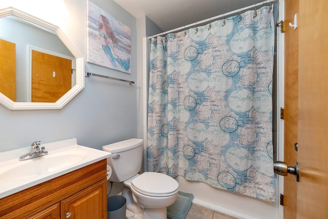 full bathroom with shower / tub combo, tile patterned flooring, vanity, and toilet