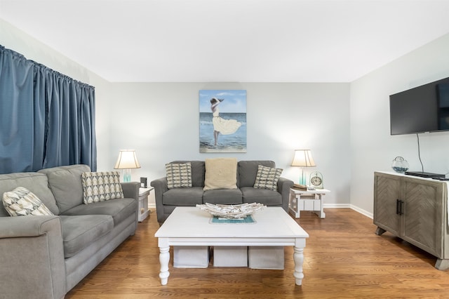 living area featuring baseboards and wood finished floors