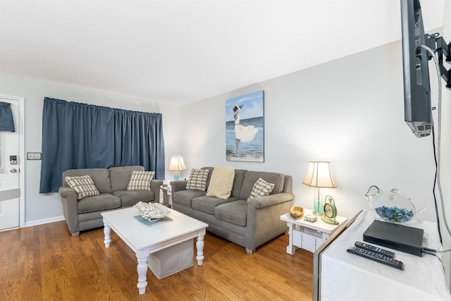 living room with baseboards and wood finished floors