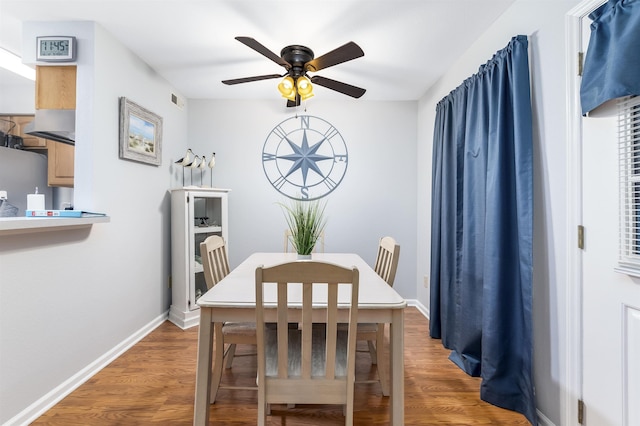 dining area with ceiling fan, dark wood finished floors, visible vents, and baseboards