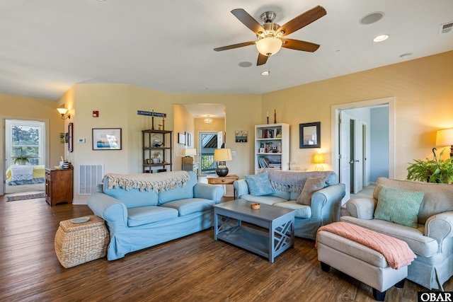 1800 Saint David Rd Unit 104-D 2, Kill Devil Hills, NC 27948 - living area featuring wood finished floors, a ceiling fan, and recessed lighting