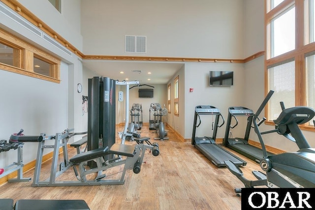 1800 Saint David Rd Unit 104-D 2, Kill Devil Hills, NC 27948 - workout area with a towering ceiling, wood finished floors, and recessed lighting