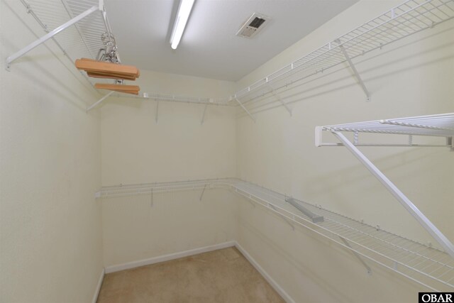 spacious closet featuring light colored carpet and visible vents