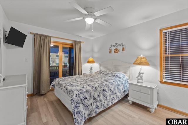 bedroom with light wood-style floors, access to exterior, ceiling fan, and baseboards