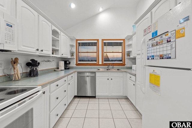 kitchen featuring white appliances, light tile patterned floors, lofted ceiling, open shelves, and a sink