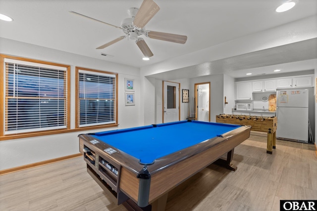 rec room featuring light wood-type flooring, recessed lighting, baseboards, and pool table