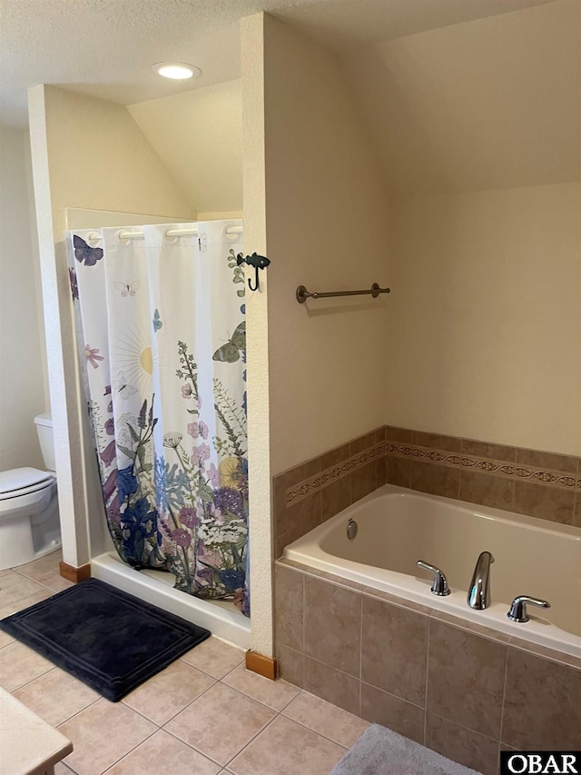 full bath featuring vaulted ceiling, toilet, and tile patterned floors