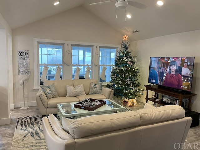 living room with light wood-style floors, visible vents, a ceiling fan, and recessed lighting