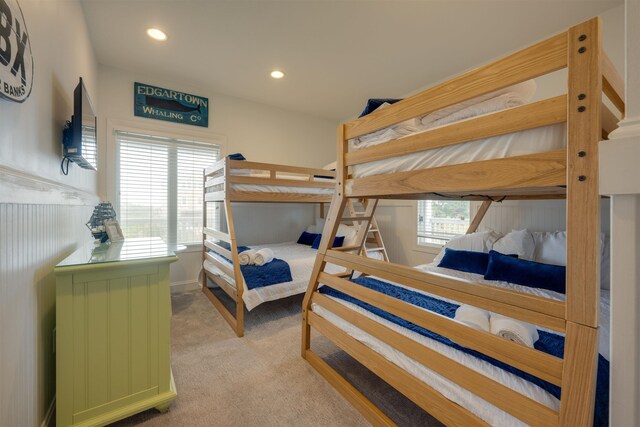 bedroom featuring recessed lighting and light colored carpet