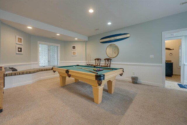 recreation room with recessed lighting, light colored carpet, pool table, visible vents, and wainscoting