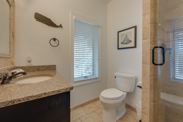 bathroom with tile patterned flooring, toilet, vanity, baseboards, and a shower stall