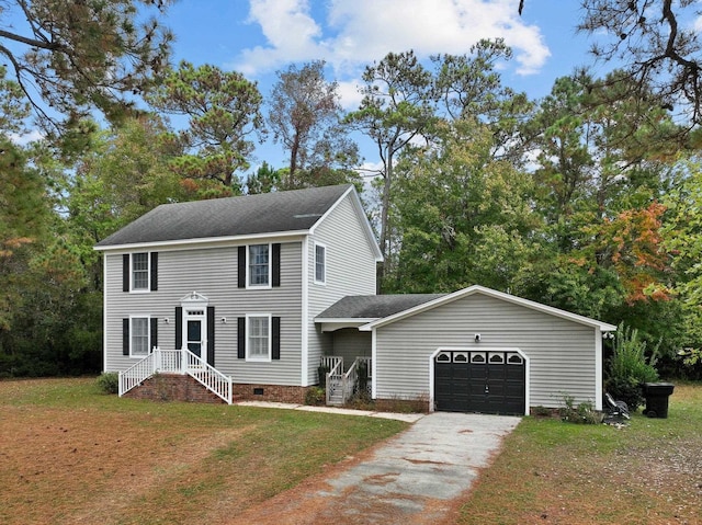 view of front of property with an attached garage, driveway, crawl space, roof with shingles, and a front yard