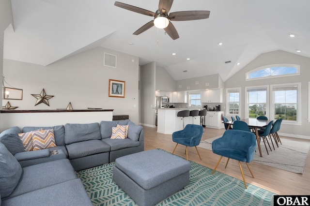 57241 Summerplace Dr Lot 28, Hatteras, NC 27943 - living room featuring light wood finished floors, a ceiling fan, recessed lighting, high vaulted ceiling, and baseboards