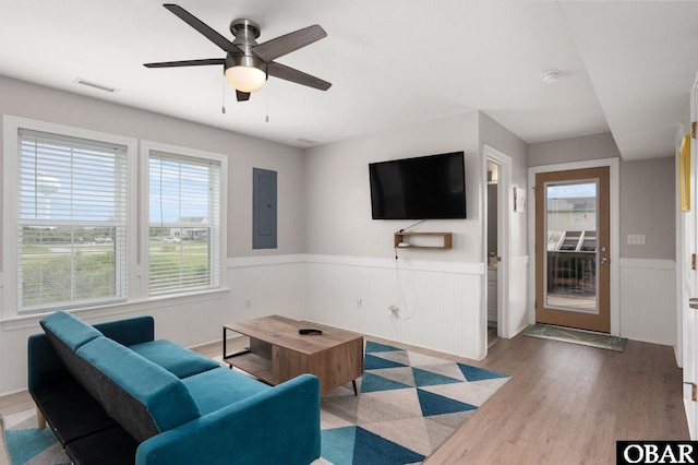 57241 Summerplace Dr Lot 28, Hatteras, NC 27943 - living area featuring wainscoting, wood finished floors, ceiling fan, and electric panel