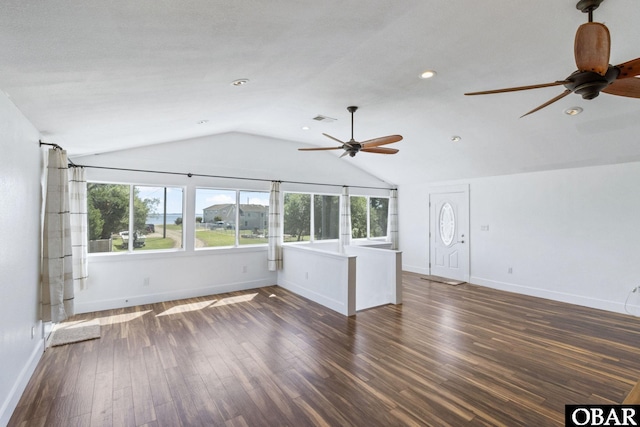 113 B And B Ln, Coinjock, NC 27923 - unfurnished living room with a ceiling fan, lofted ceiling, wood-type flooring, and recessed lighting