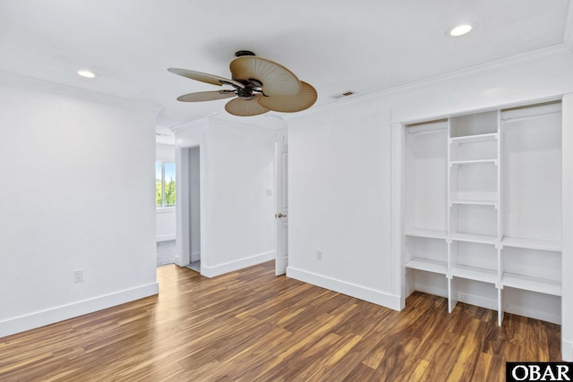 113 B And B Ln, Coinjock, NC 27923 - unfurnished bedroom with ornamental molding, wood finished floors, recessed lighting, a closet, and ceiling fan