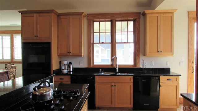 kitchen with dark stone countertops, black dishwasher, a sink, and gas stovetop