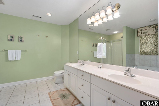 bathroom with tile patterned floors, a sink, visible vents, and a shower stall