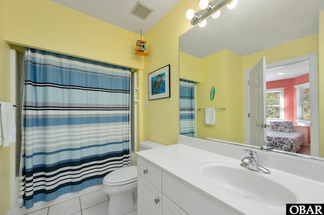 full bathroom featuring visible vents, toilet, vanity, ensuite bath, and tile patterned floors