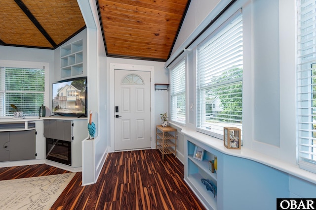 entrance foyer with wooden ceiling, dark wood-type flooring, plenty of natural light, and lofted ceiling