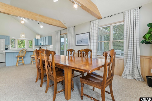 1039 Miller Ct Lot 526, Corolla, NC 27927 - dining area featuring light colored carpet, healthy amount of natural light, a wainscoted wall, and track lighting