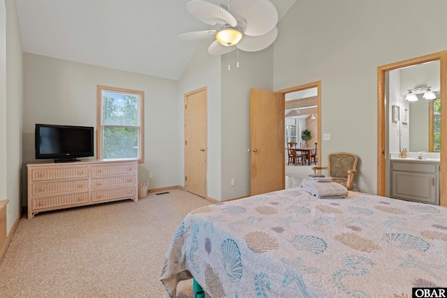 1039 Miller Ct Lot 526, Corolla, NC 27927 - bedroom with carpet, high vaulted ceiling, baseboards, ensuite bathroom, and a ceiling fan