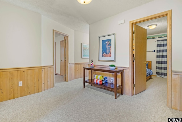 1039 Miller Ct Lot 526, Corolla, NC 27927 - hall with carpet flooring, a wainscoted wall, a textured ceiling, and wood walls